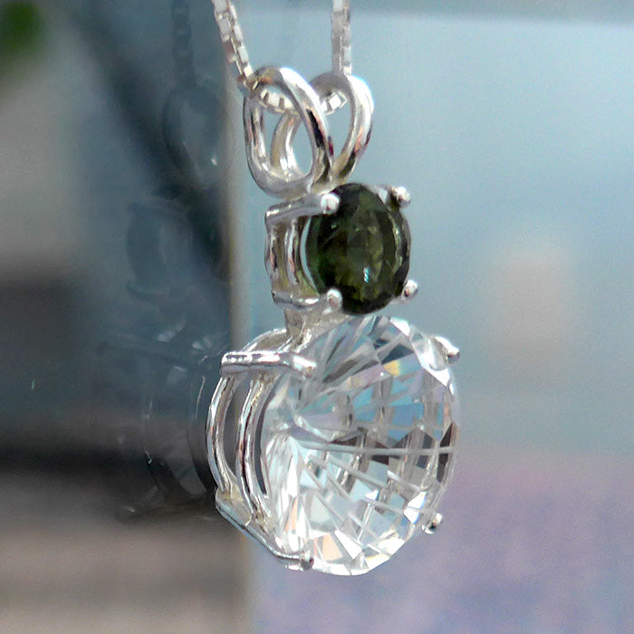 Clear Quartz Super Nova Pendant with Round Moldavite Crown