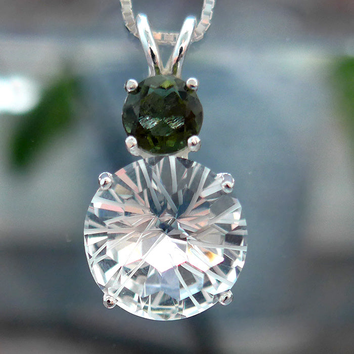 Clear Quartz Super Nova Pendant with Round Moldavite Crown