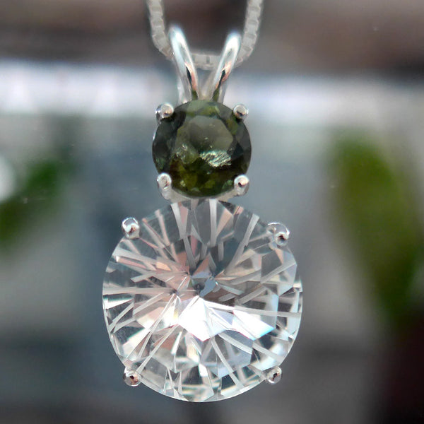 Clear Quartz Super Nova Pendant with Round Moldavite Crown