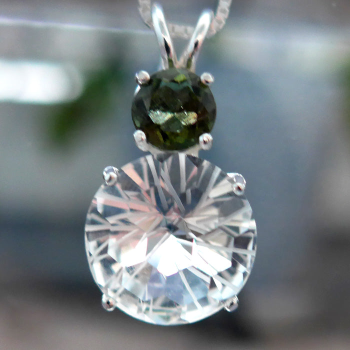 Clear Quartz Super Nova Pendant with Round Moldavite Crown