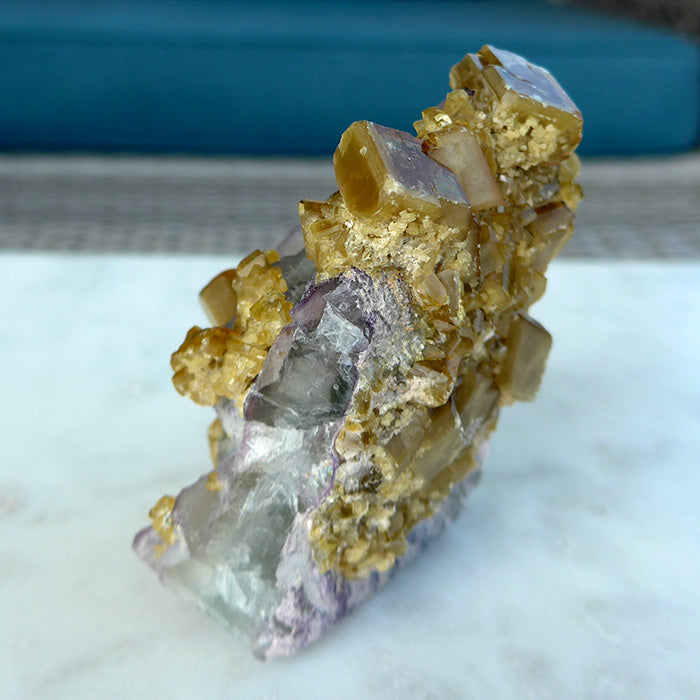 Golden Baryte Gems on a Blue-Green-Violet Fluorite