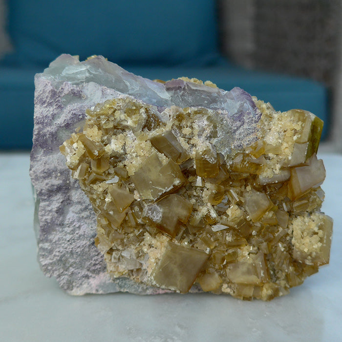 Golden Baryte Gems on a Blue-Green-Violet Fluorite