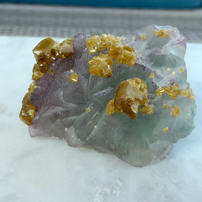 Golden Baryte Gems on a Blue-Green-Violet Fluorite