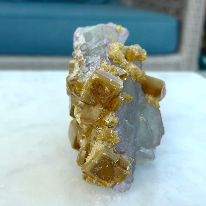 Golden Baryte Gems on a Blue-Green-Violet Fluorite