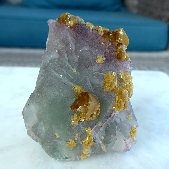 Golden Baryte Gems on a Blue-Green-Violet Fluorite