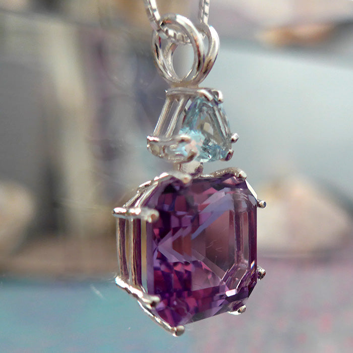 Amethyst Rich Rose de France Earth Heart Pendant with Aquamarine Pendant