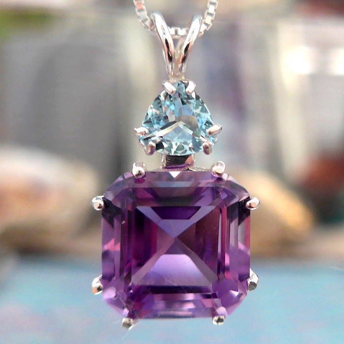 Amethyst Rich Rose de France Earth Heart Pendant with Aquamarine Pendant