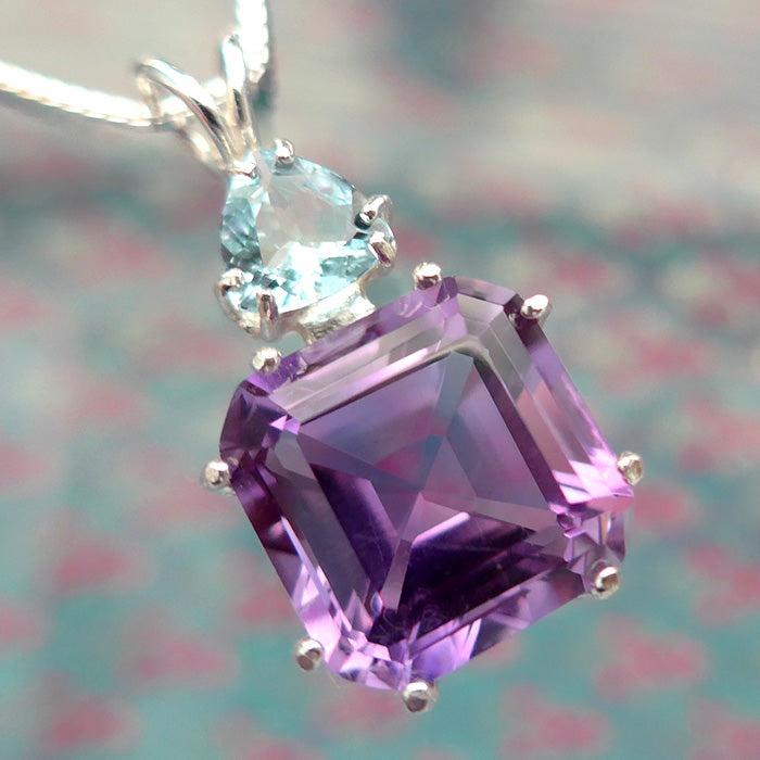 Amethyst Rich Rose de France Earth Heart Pendant with Aquamarine Pendant