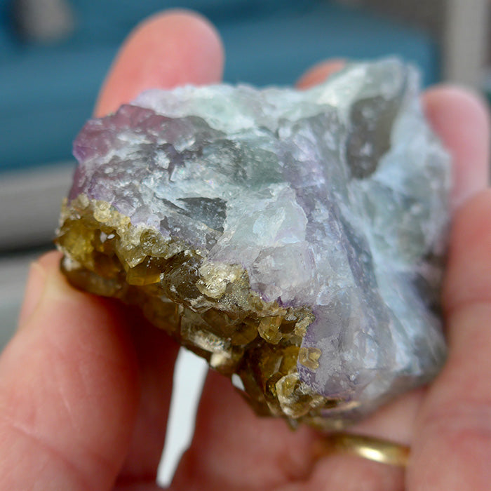 Golden Baryte Gems on Blue-Green-Violet Fluorite Wedge