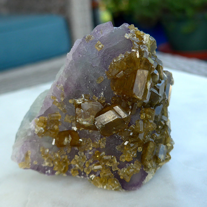 Golden Baryte Gems on Blue-Green-Violet Fluorite Wedge