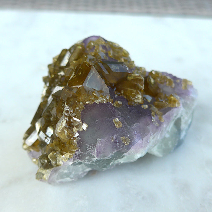 Golden Baryte Gems on Blue-Green-Violet Fluorite Wedge