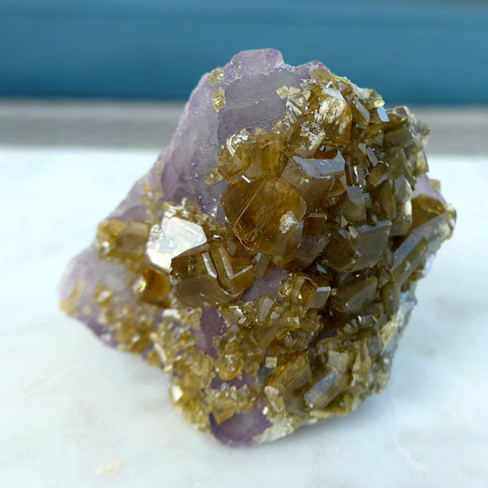 Golden Baryte Gems on Blue-Green-Violet Fluorite Wedge