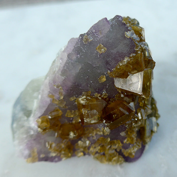 Golden Baryte Gems on Blue-Green-Violet Fluorite Wedge