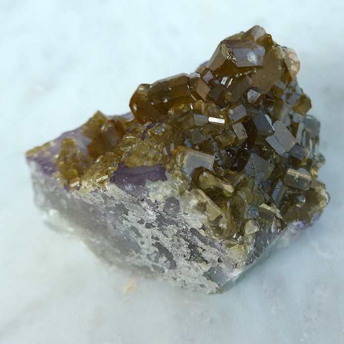 Golden Baryte Gems on Blue-Green-Violet Fluorite Wedge