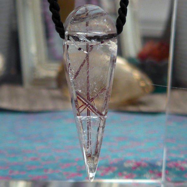 Long Red Rutile Quartz Teardrop Pendant by Lawrence Stoller