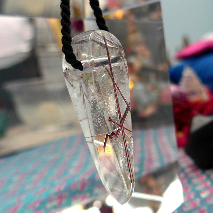 Long Red Rutile Quartz Teardrop Pendant by Lawrence Stoller