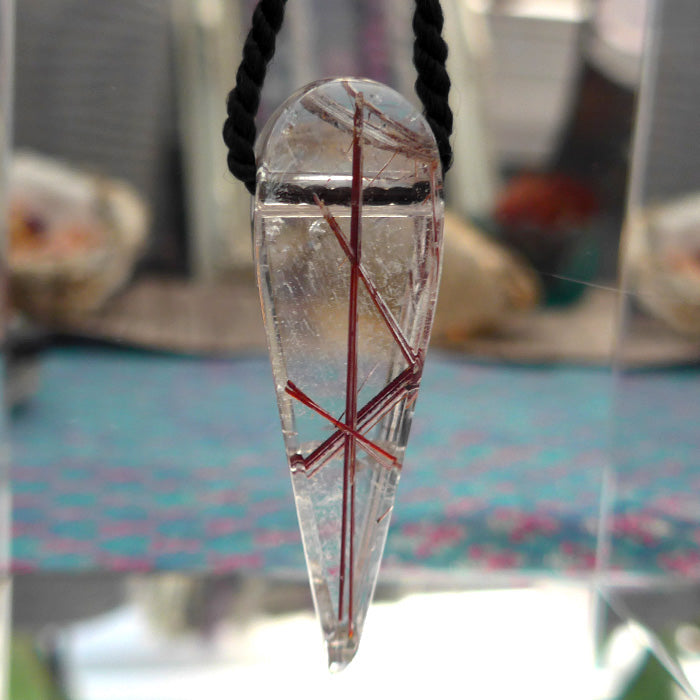 Long Red Rutile Quartz Teardrop Pendant by Lawrence Stoller