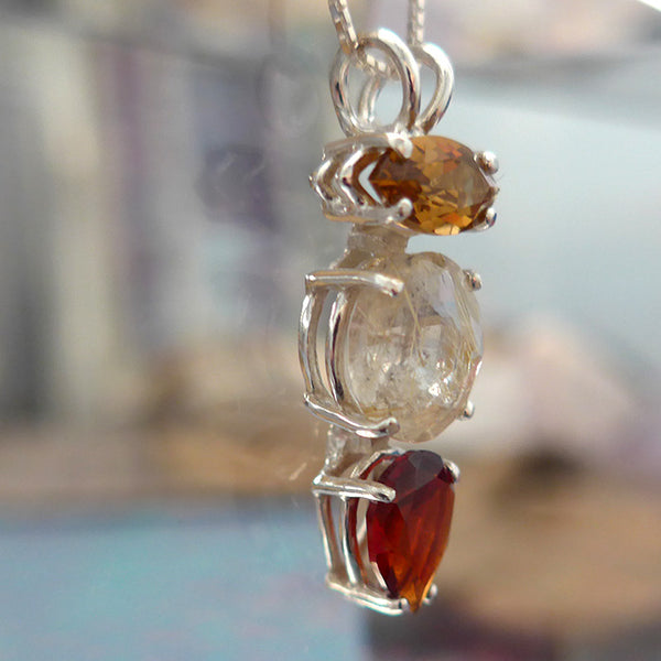 Rutilated Quartz Mini Radiant Heart Pendant with Citrine Marquise and Hessonite Garnet Teardrop