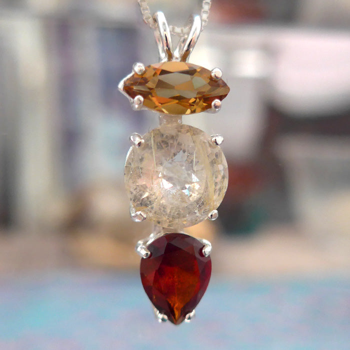 Rutilated Quartz Mini Radiant Heart Pendant with Citrine Marquise and Hessonite Garnet Teardrop