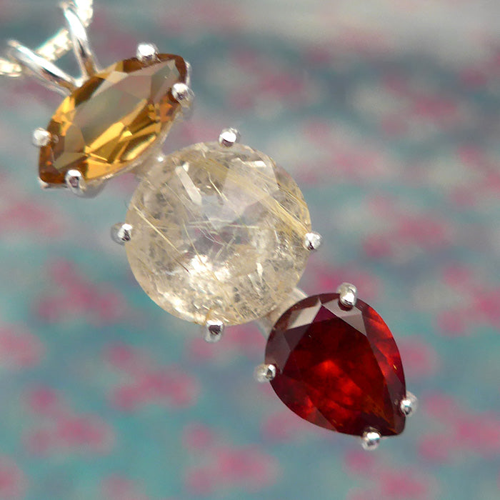 Rutilated Quartz Mini Radiant Heart Pendant with Citrine Marquise and Hessonite Garnet Teardrop