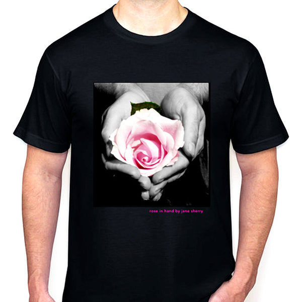 Black T-Shirt Rose in Hand Women's Large